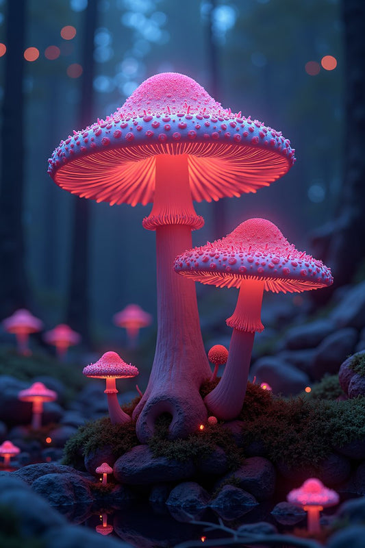 Glowing mushrooms in an enchanted forest, perfect for premium wall art and home decor