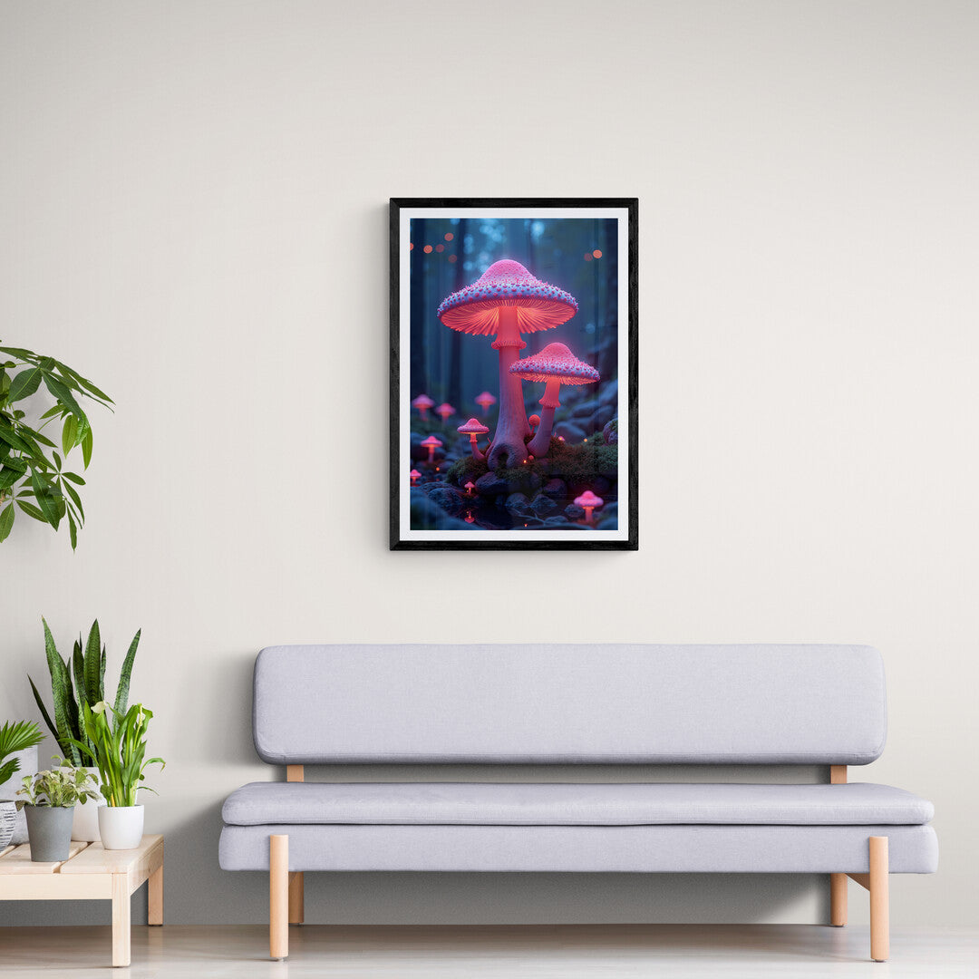 Vibrant glowing mushrooms creating a fantasy landscape, available as premium art prints