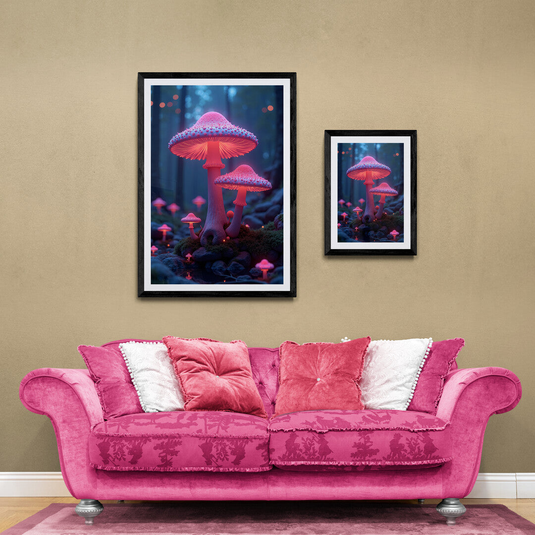 Pink and purple luminous mushrooms in a serene forest, great for wall art and home decor