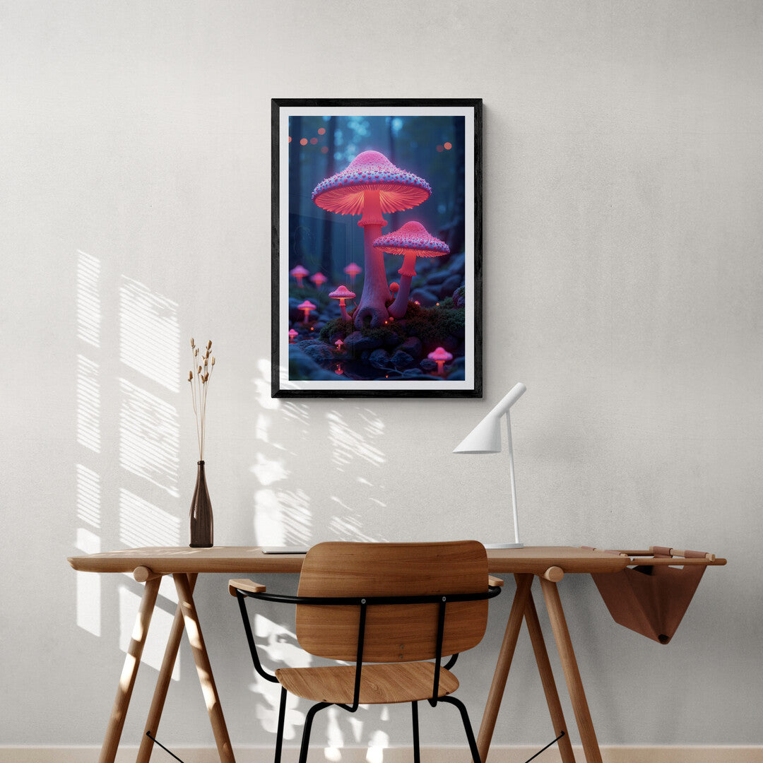 Mystical bioluminescent wonderland scene for unique wall art and posters to shop online