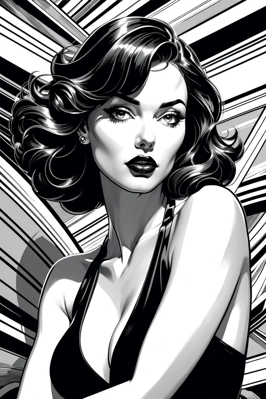 In a striking and dynamic composition, the picture features a black and white comic-style drawing of a woman. The artwork showcases bold lines, sharp contrasts, and expressive details typical of comic book art.