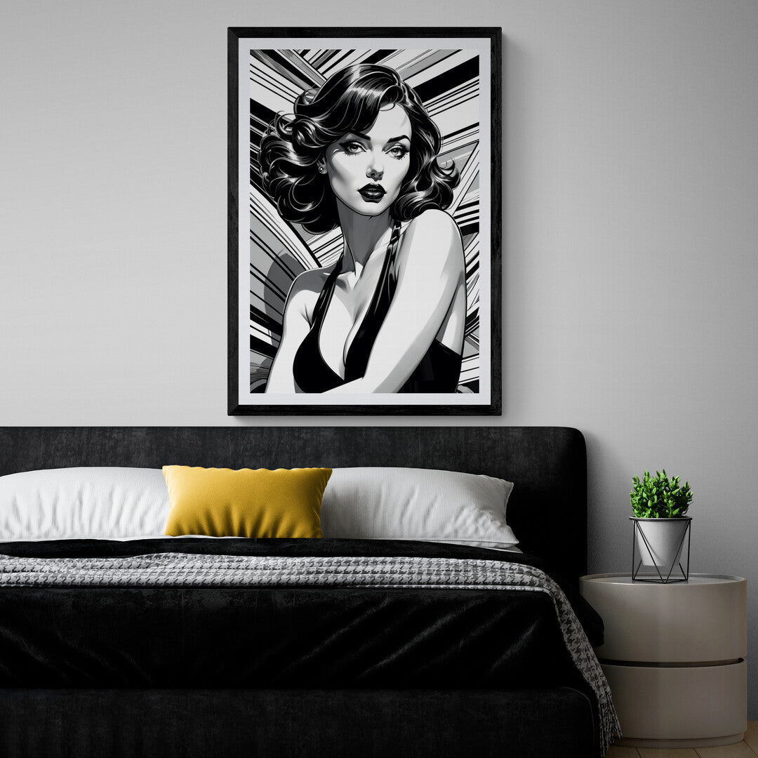 In a striking and dynamic composition, the picture features a black and white comic-style drawing of a woman. The artwork showcases bold lines, sharp contrasts, and expressive details typical of comic book art.