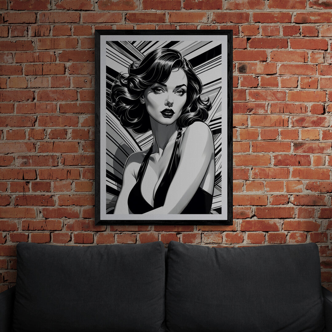 In a striking and dynamic composition, the picture features a black and white comic-style drawing of a woman. The artwork showcases bold lines, sharp contrasts, and expressive details typical of comic book art.