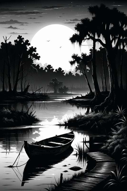 In a haunting and evocative black and white drawing, the picture features an old boat stranded in a swamp at night. The monochromatic palette adds a sense of mystery and timelessness to the scene, emphasizing the eerie and tranquil atmosphere of the swamp.