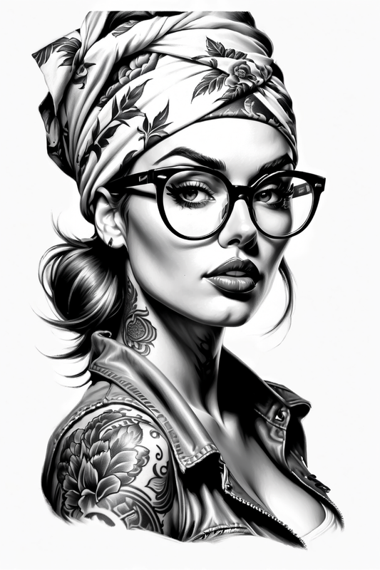 In a striking black and white drawing, the focus is on a woman with glasses and tattoos, rendered with meticulous detail and expressive line work. This portrait captures a unique blend of contemporary style and personal expression.