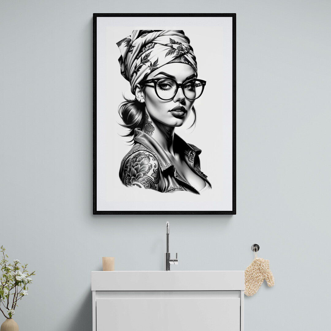 In a striking black and white drawing, the focus is on a woman with glasses and tattoos, rendered with meticulous detail and expressive line work. This portrait captures a unique blend of contemporary style and personal expression.