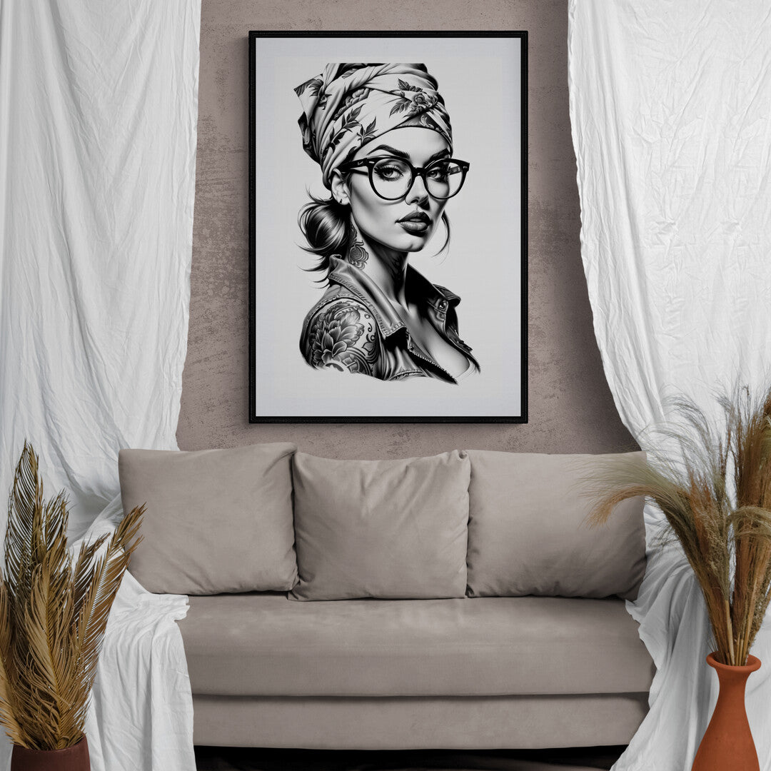 In a striking black and white drawing, the focus is on a woman with glasses and tattoos, rendered with meticulous detail and expressive line work. This portrait captures a unique blend of contemporary style and personal expression.