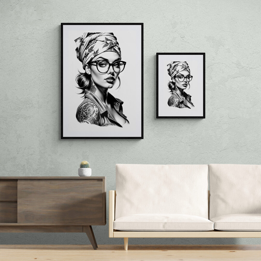 In a striking black and white drawing, the focus is on a woman with glasses and tattoos, rendered with meticulous detail and expressive line work. This portrait captures a unique blend of contemporary style and personal expression.