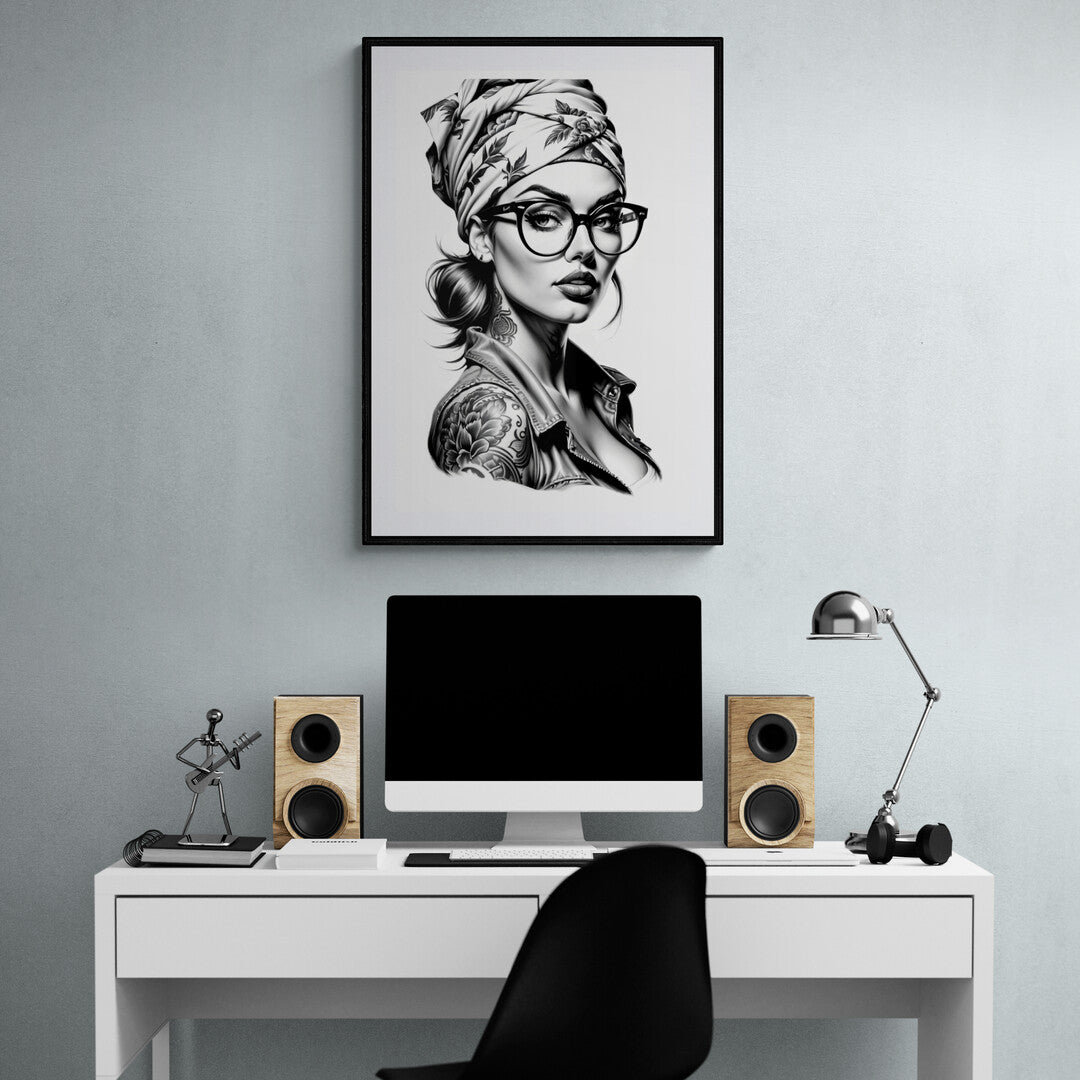 In a striking black and white drawing, the focus is on a woman with glasses and tattoos, rendered with meticulous detail and expressive line work. This portrait captures a unique blend of contemporary style and personal expression.