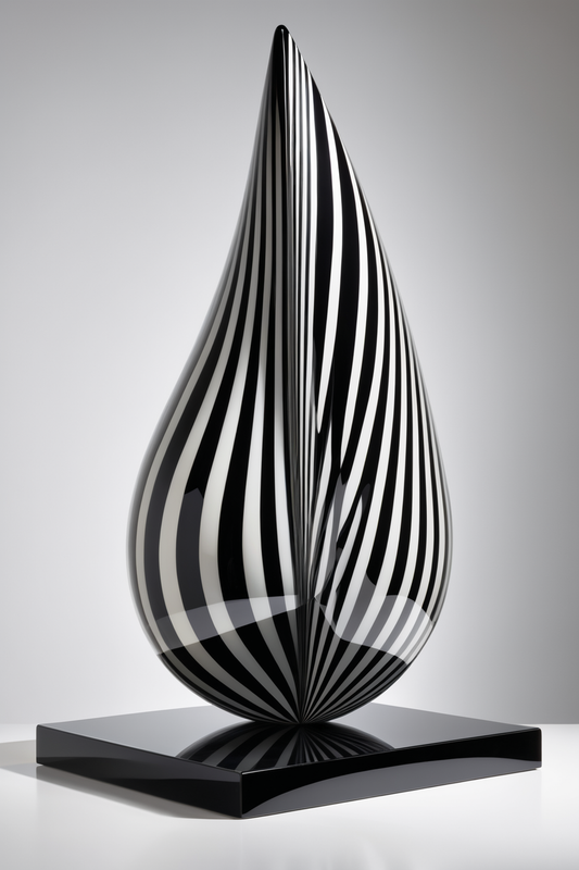 In a striking and elegant scene, the picture showcases a black and white glass sculpture. This sophisticated piece captures the beauty of light and form, emphasizing the clarity and fluidity of glass through its monochromatic palette.