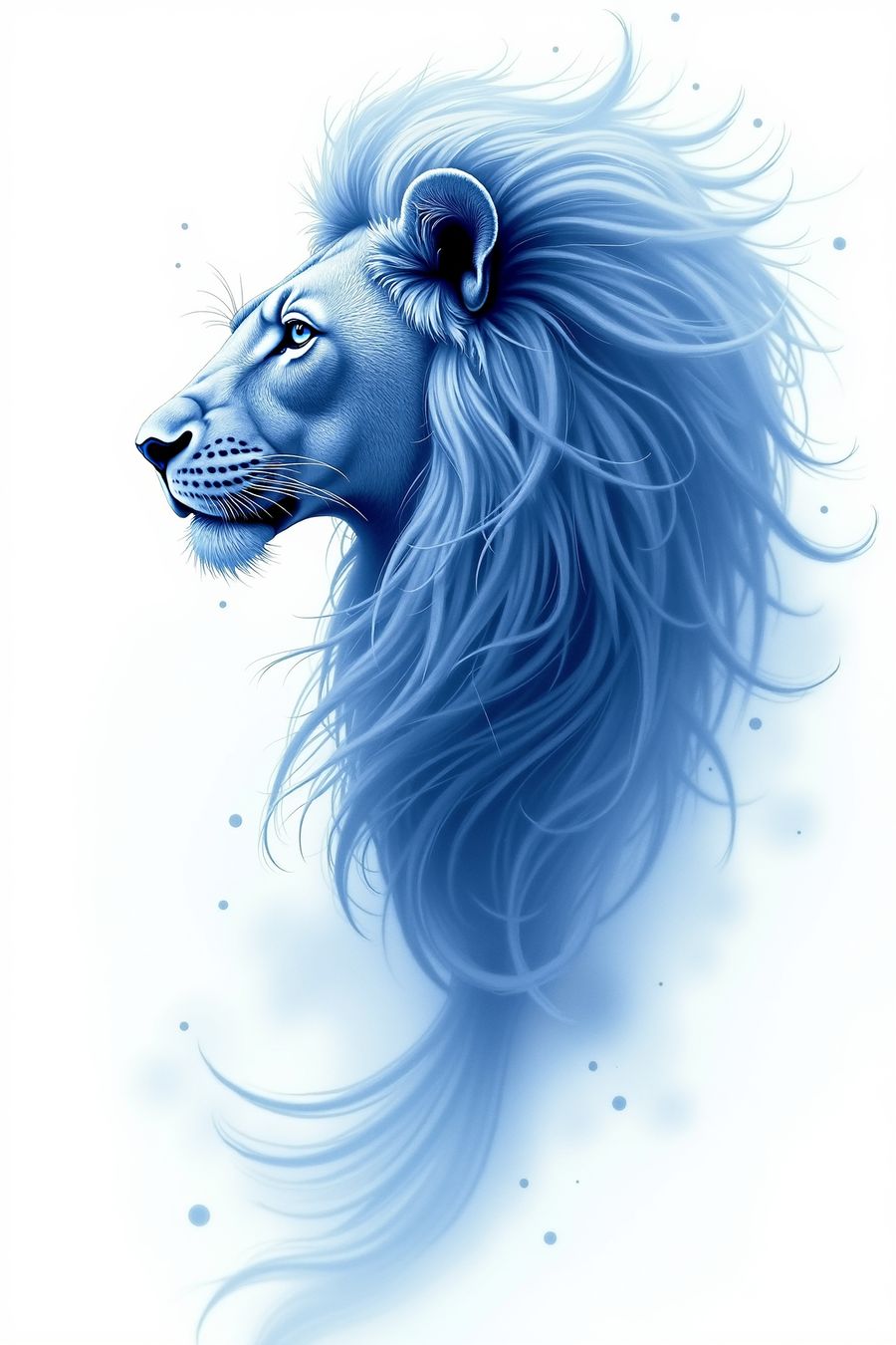 Blue-toned lion illustration with flowing mane, perfect for wall art and home decor as premium art prints and posters