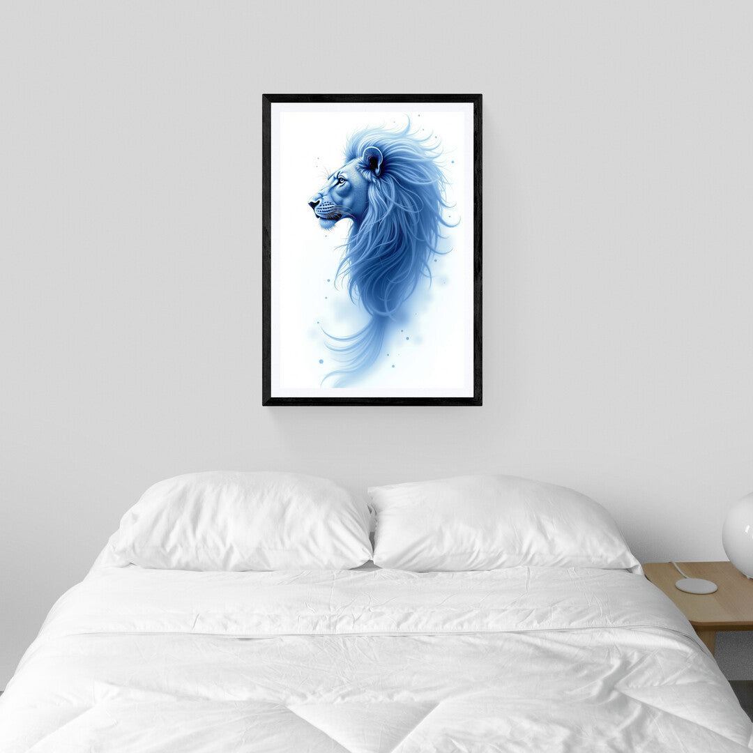 Ethereal lion artwork titled Blue Guardian of the Savannah, ideal for stylish home decor and modern wall art