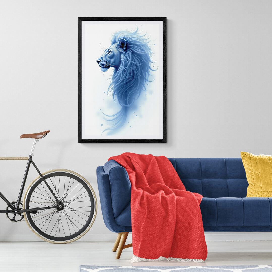 Sophisticated blue lion wall art design, perfect for enhancing living spaces with premium posters and art prints