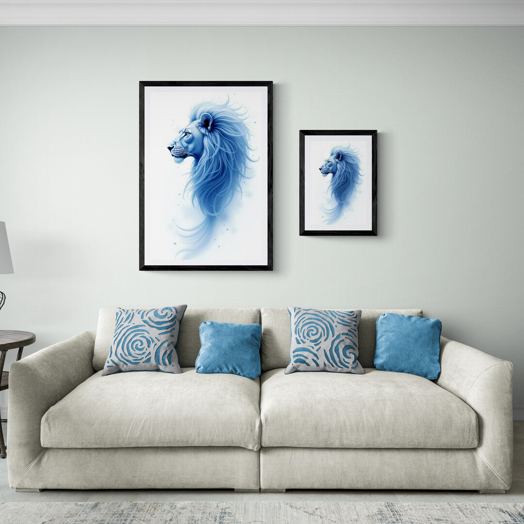 Regal lion in soft blue hues, available as high-quality art prints and posters for elegant home decor