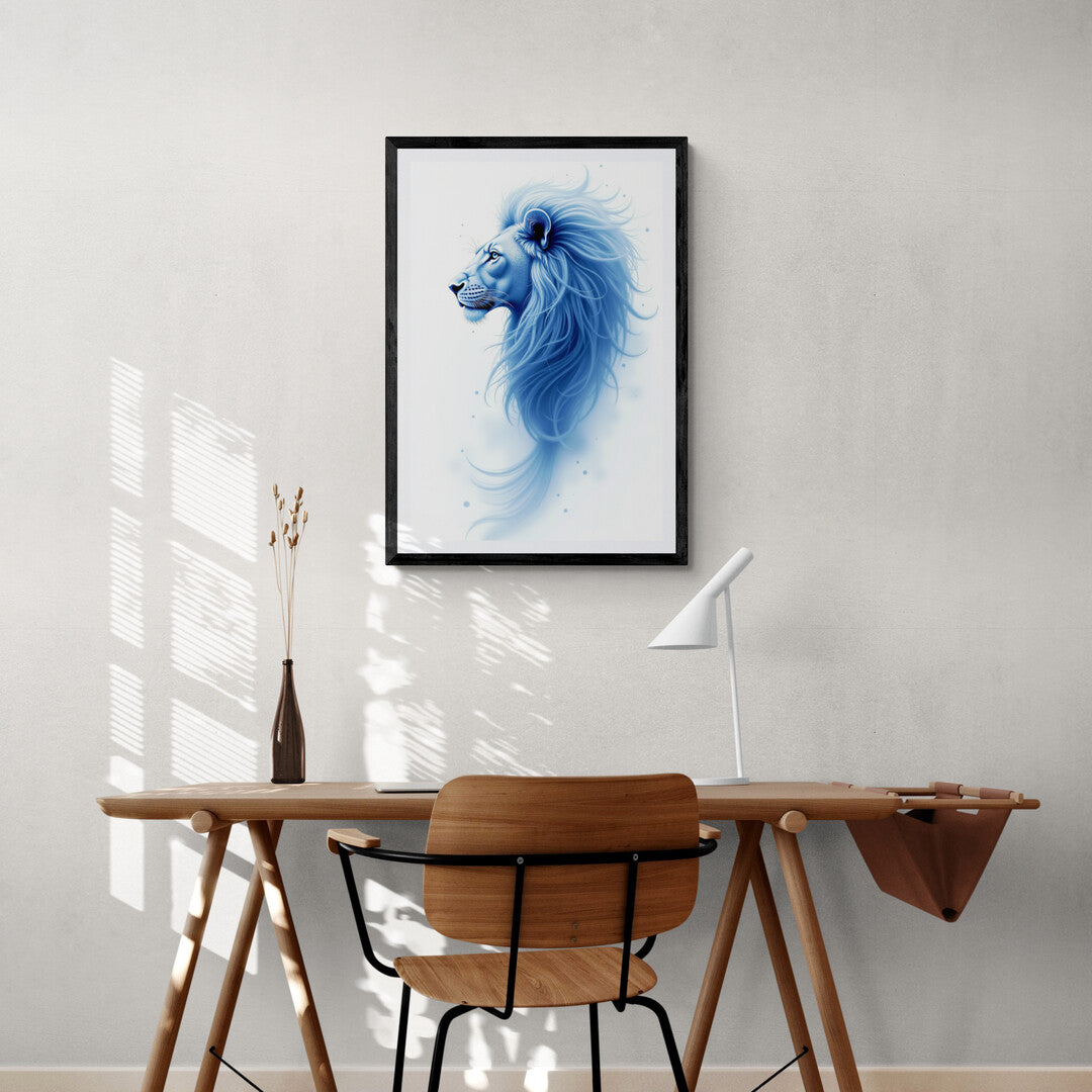 Blue Guardian of the Savannah lion artwork, a stunning centerpiece for home decor and modern wall art collections