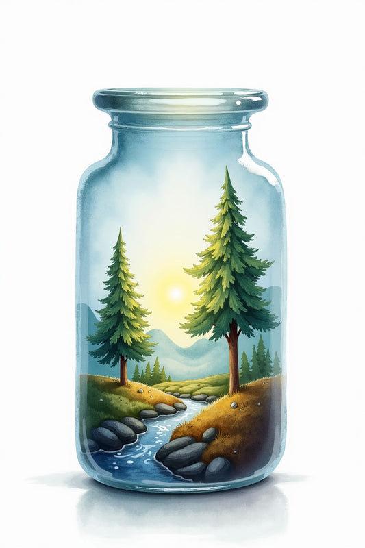 Bottled Forest Sunrise illustration featuring a serene river, evergreen trees, and a golden sunrise, perfect for premium wall art and home decor