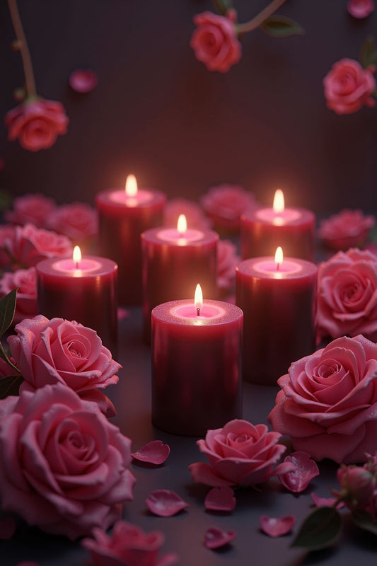 The picture shows a serene and romantic scene featuring several lit candles surrounded by roses. The candles, some tall and slender, others short and broad, emit a warm, soft glow that illuminates the surroundings. The flickering light creates gentle shadows and a calming ambiance.