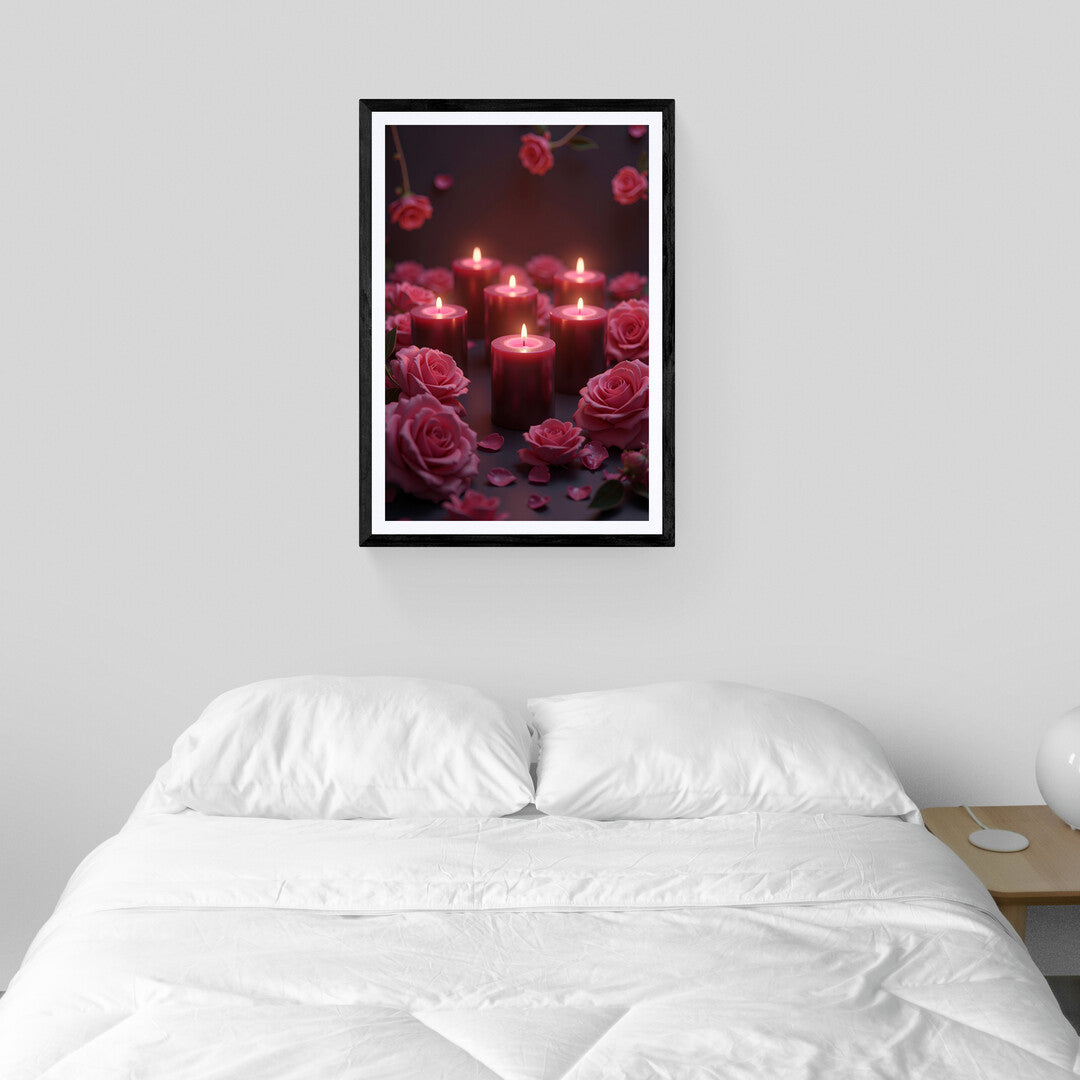 The picture shows a serene and romantic scene featuring several lit candles surrounded by roses. The candles, some tall and slender, others short and broad, emit a warm, soft glow that illuminates the surroundings. The flickering light creates gentle shadows and a calming ambiance.