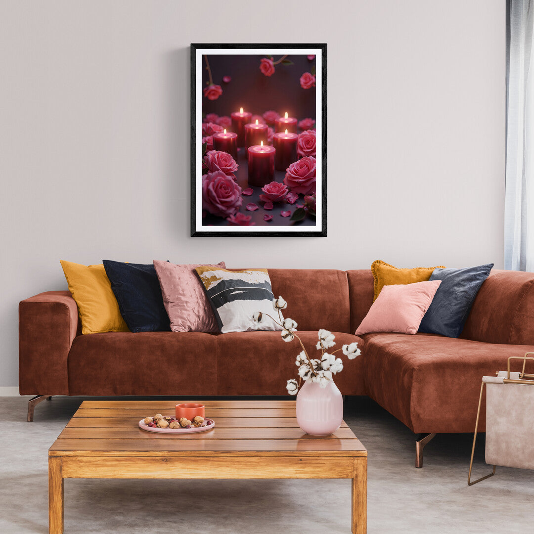 The picture shows a serene and romantic scene featuring several lit candles surrounded by roses. The candles, some tall and slender, others short and broad, emit a warm, soft glow that illuminates the surroundings. The flickering light creates gentle shadows and a calming ambiance.