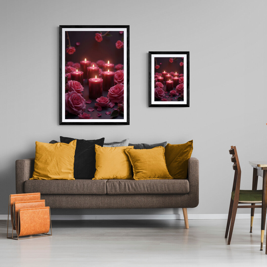 The picture shows a serene and romantic scene featuring several lit candles surrounded by roses. The candles, some tall and slender, others short and broad, emit a warm, soft glow that illuminates the surroundings. The flickering light creates gentle shadows and a calming ambiance.