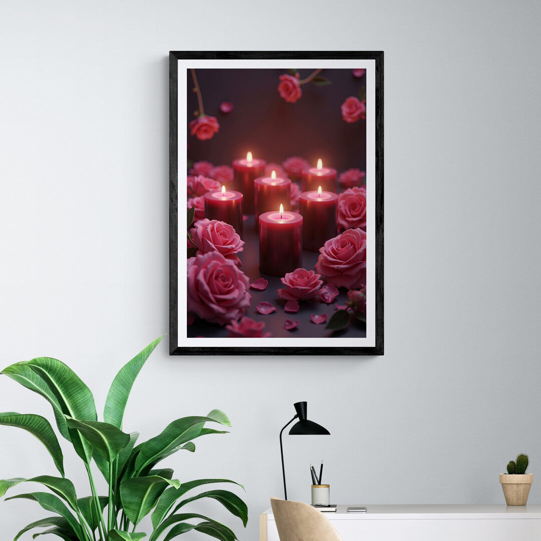 The picture shows a serene and romantic scene featuring several lit candles surrounded by roses. The candles, some tall and slender, others short and broad, emit a warm, soft glow that illuminates the surroundings. The flickering light creates gentle shadows and a calming ambiance.