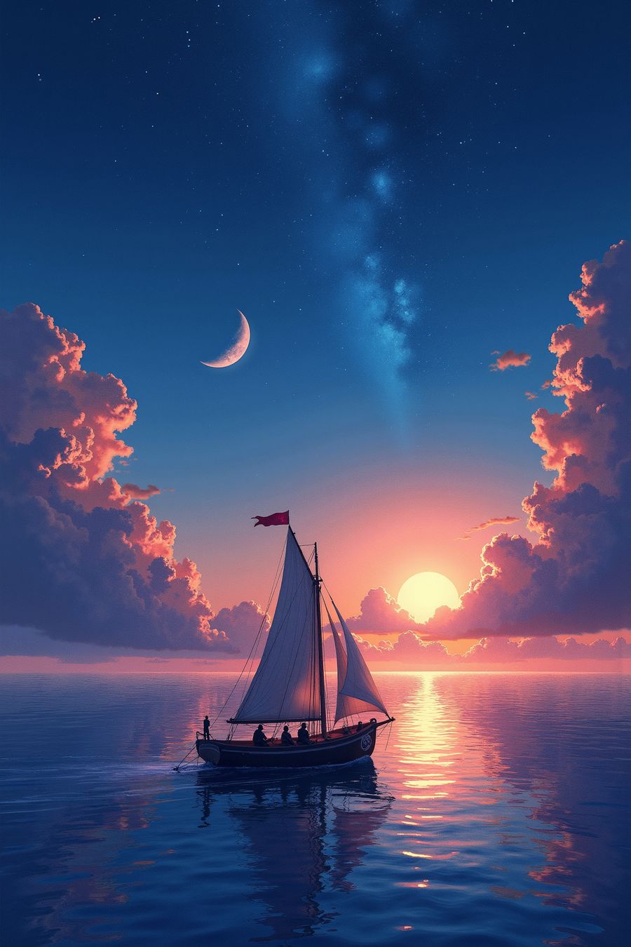 Sailboat at sunset on calm waters with a crescent moon and starlit sky – perfect for premium art prints and wall art