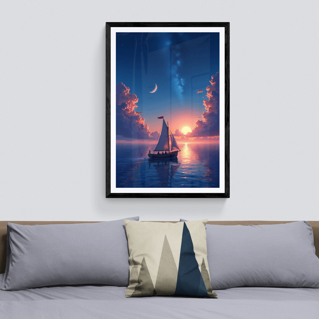 Chasing the Sunset's Glow – stunning wall art featuring a sailboat under a vibrant sunset, ideal for home decor