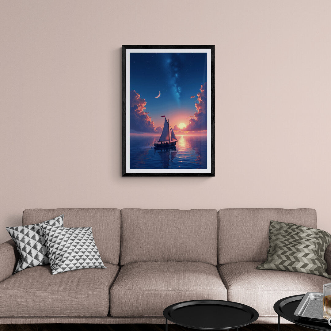 Serene ocean scene with a glowing sunset and crescent moon – shop online for this captivating wall art