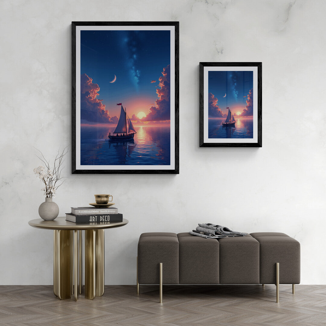 Beautiful twilight seascape with a sailboat and starry sky, available as premium posters and art prints for home decor