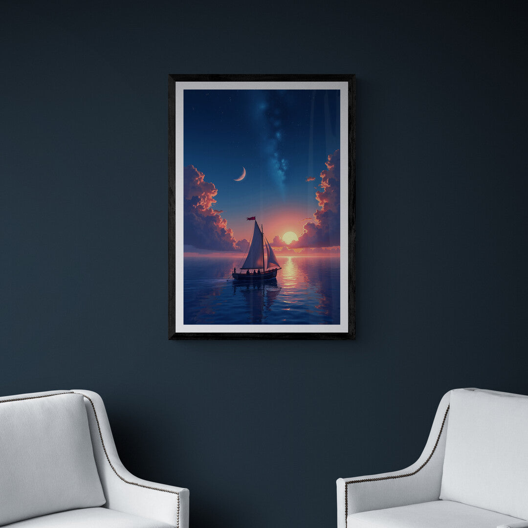 Dreamy sailboat journey at sunset, captured in vibrant detail, perfect for wall art and premium home decor posters