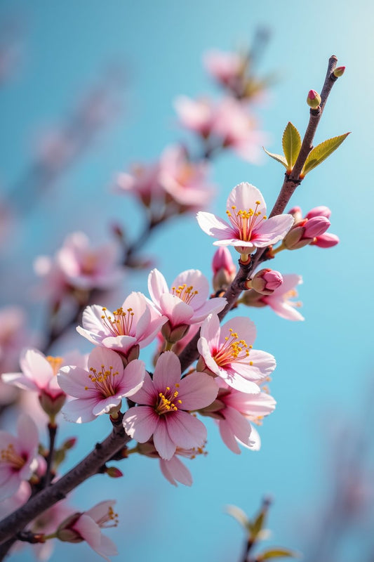 Close-up of vibrant pink cherry blossoms against a bright blue sky, perfect for premium wall art and home decor inspiration