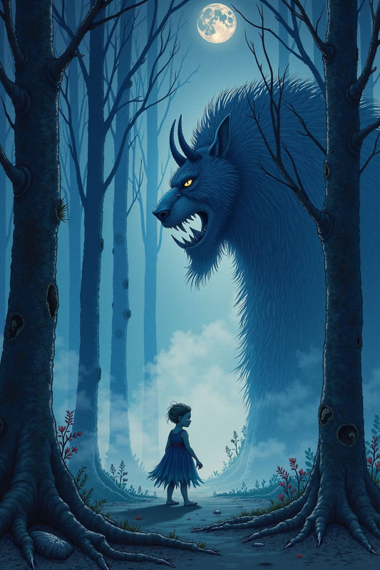 The image shows a small child standing in a forest, facing a large, imposing wolf-like creature under a full moon. The scene is interesting due to the contrast between the child’s small, innocent figure and the large, menacing presence of the creature, which creates a sense of tension and wonder. The forest is dense with tall trees, and the moonlight filters through the branches, casting eerie shadows on the ground. The wolf-like creature has glowing eyes, adding to the mystical and slightly ominous atmosph