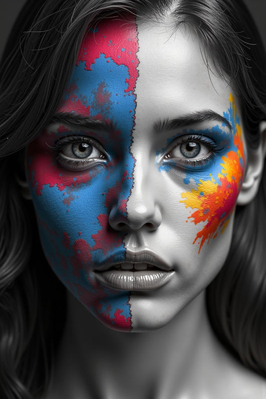 Vibrant split-face artwork titled 'Chromatic Divide' featuring bold red, blue, orange, and yellow splashes, perfect for premium art prints and home decor