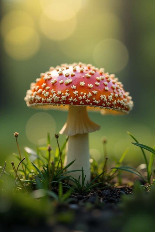 The image features a close-up view of a single, vibrant mushroom, likely an Amanita muscaria, set against a soft, blurred background of greenery. The mushroom’s cap is a striking red-orange color, adorned with small, white, wart-like spots that create a distinctive and textured appearance. Its smooth, curved edges and vibrant hues stand out beautifully against the surrounding natural elements.