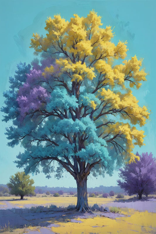 The picture depicts a vibrant, colored painting of a tree, bursting with life and color. The tree stands tall and majestic at the center of the composition, its thick trunk and sprawling branches creating a powerful presence. The leaves are painted in an array of vivid hues, ranging from deep greens to bright oranges, reds, and yellows, suggesting the tree is either in the full bloom of spring or the peak of autumn.