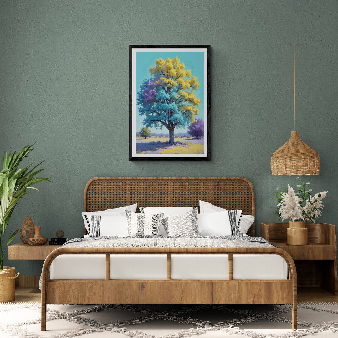 The picture depicts a vibrant, colored painting of a tree, bursting with life and color. The tree stands tall and majestic at the center of the composition, its thick trunk and sprawling branches creating a powerful presence. The leaves are painted in an array of vivid hues, ranging from deep greens to bright oranges, reds, and yellows, suggesting the tree is either in the full bloom of spring or the peak of autumn.