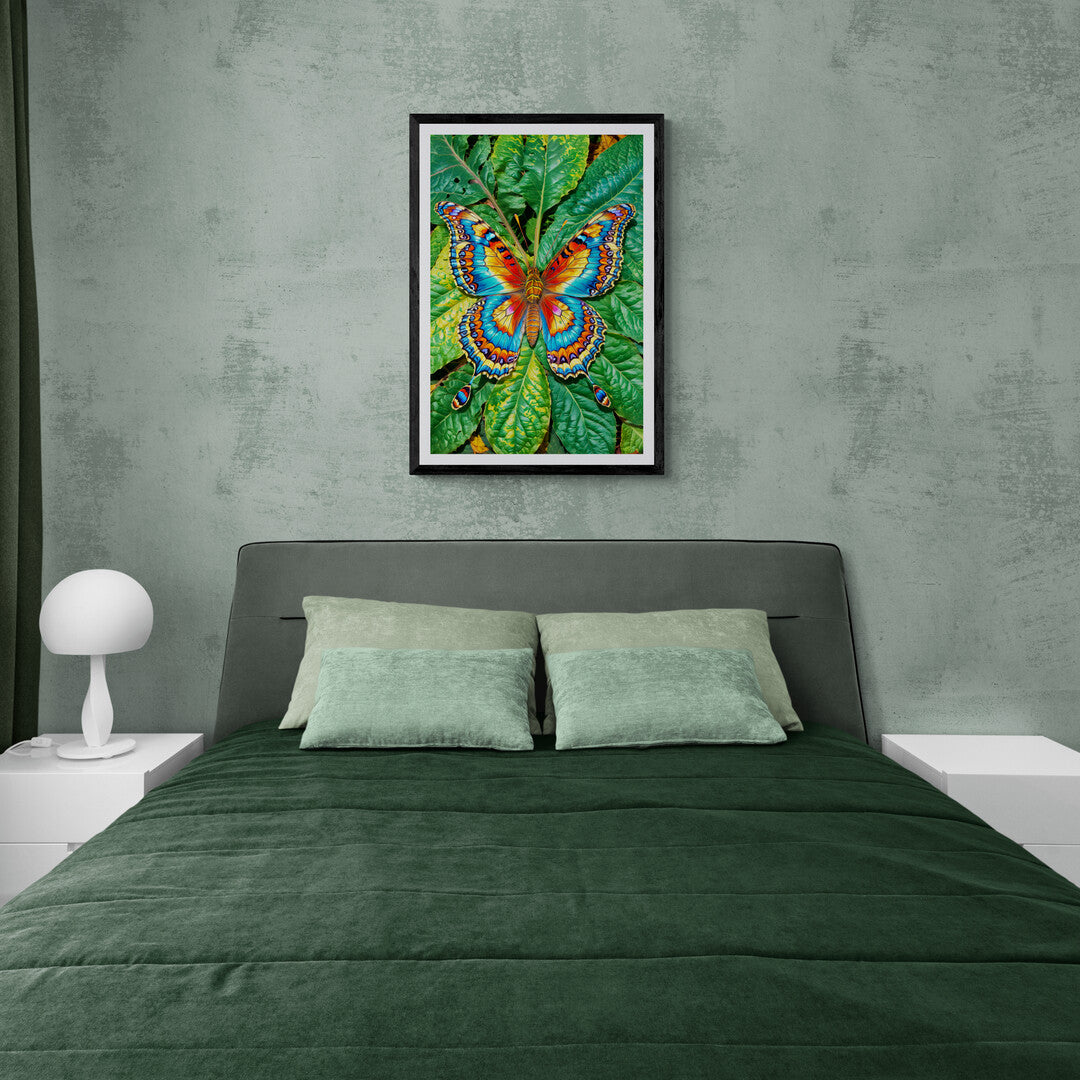 In a delicate and enchanting scene, the picture features a colorful butterfly gently perched on a leaf. The artwork captures the beauty and intricacy of the butterfly, set against the natural simplicity of its leafy perch.