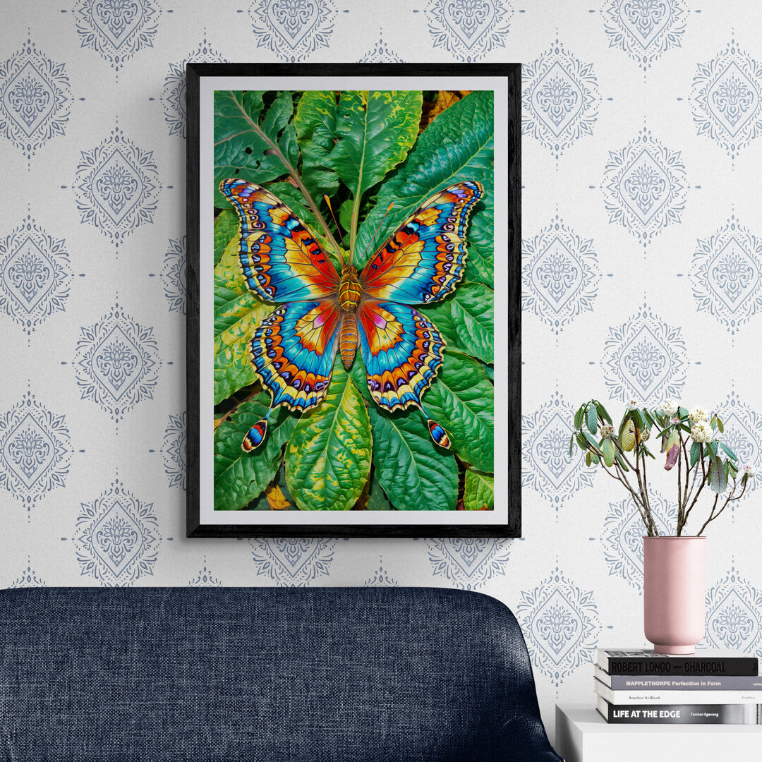 In a delicate and enchanting scene, the picture features a colorful butterfly gently perched on a leaf. The artwork captures the beauty and intricacy of the butterfly, set against the natural simplicity of its leafy perch.
