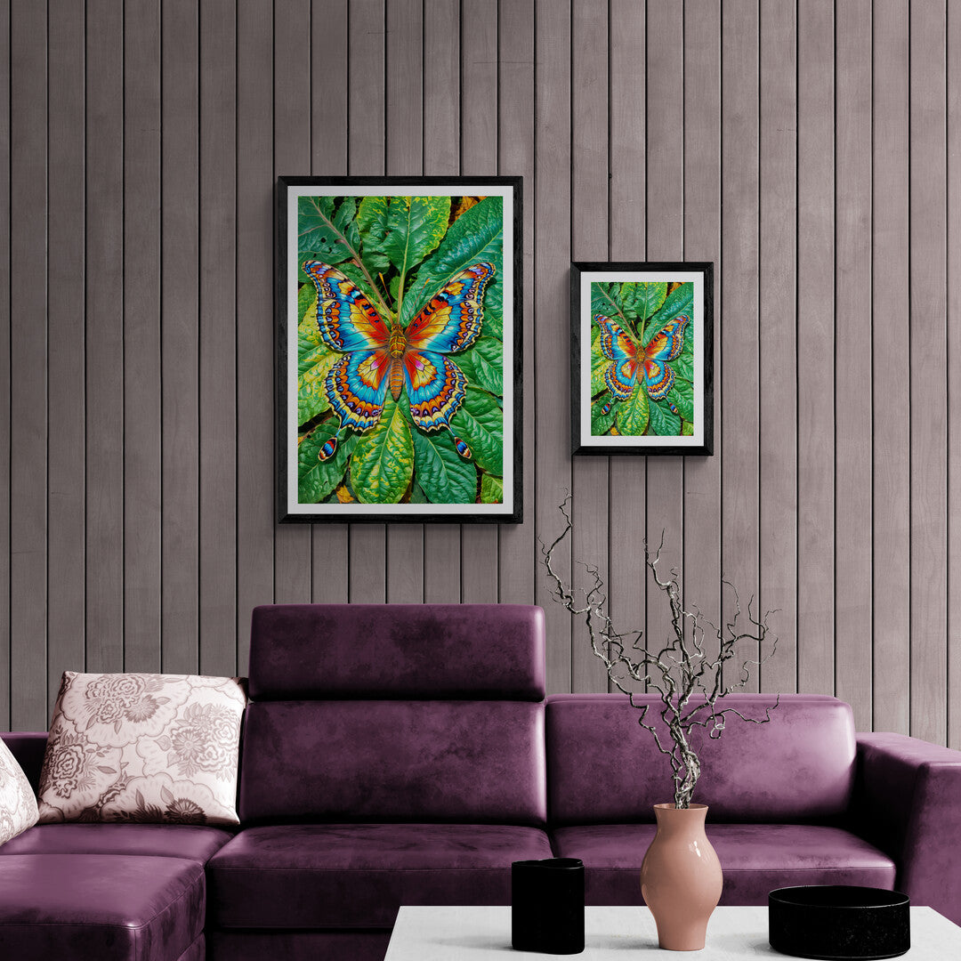 In a delicate and enchanting scene, the picture features a colorful butterfly gently perched on a leaf. The artwork captures the beauty and intricacy of the butterfly, set against the natural simplicity of its leafy perch.