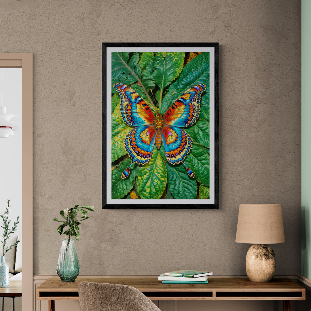 In a delicate and enchanting scene, the picture features a colorful butterfly gently perched on a leaf. The artwork captures the beauty and intricacy of the butterfly, set against the natural simplicity of its leafy perch.