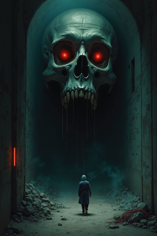 The image portrays an eerie and surreal scene set in what appears to be a dark, abandoned underground tunnel or hallway. The atmosphere is ominous, with the central focus being a massive, haunting skull suspended in the air, dominating the upper part of the image. The skull has an unsettling, almost alien-like appearance, with glowing red eyes that radiate an intense, menacing light. Its mouth is slightly open, revealing sharp, fang-like teeth, and thin, eerie lines or wires dangle from its jaw, adding to i