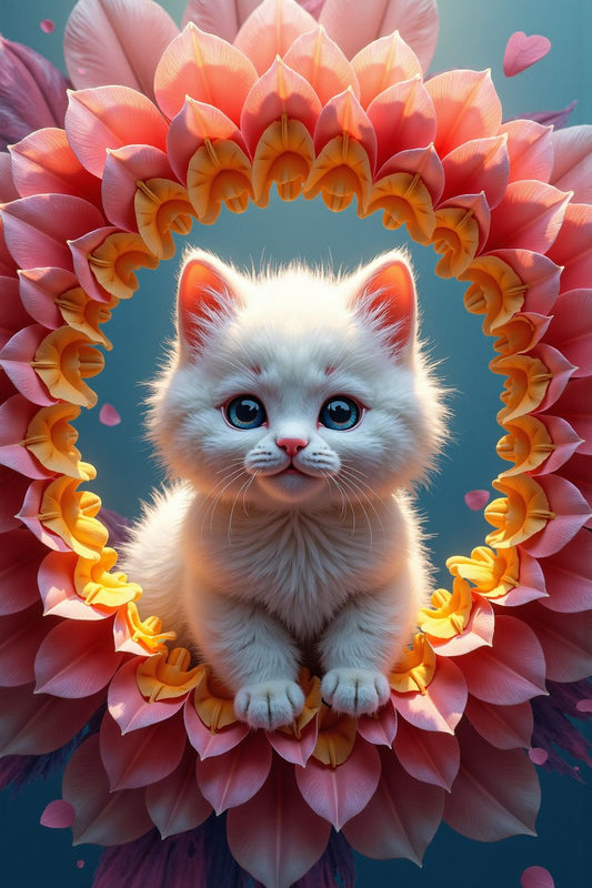 The image features an adorable white kitten sitting in the center of a circular frame made of vibrant, layered flower petals. The kitten's fluffy fur is soft and pristine, with a light glow that contrasts beautifully against the colorful floral backdrop. Its large, round blue eyes are wide and expressive, giving it a look of innocence and curiosity. The kitten's small pink nose and subtle whiskers add to its overall cuteness.