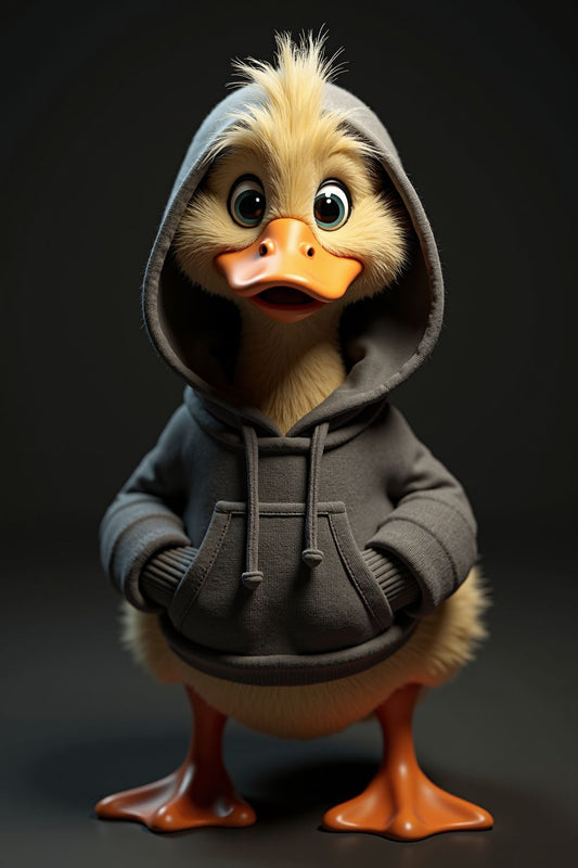 The picture showcases a cute duck wearing a cozy hoodie. The duck is small and fluffy, with soft yellow feathers that peek out from the oversized hoodie. The hoodie is a pastel color, perhaps light blue or pink, adding to the adorable and playful vibe of the image. The hoodie has a snug fit around the duck’s round head, with the hood slightly drooping over its eyes, giving it an endearing, slightly mischievous look.