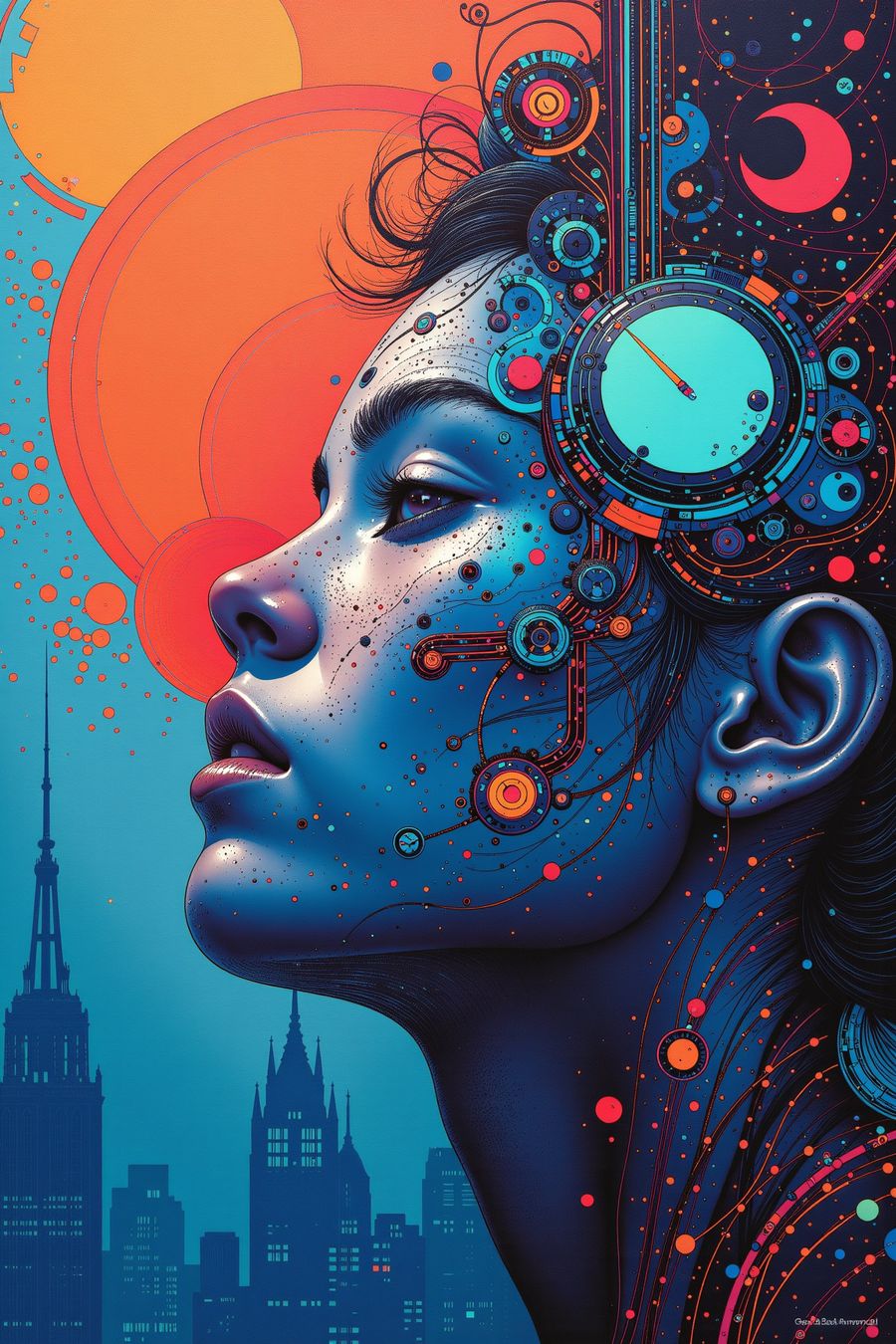 Cybernetic Muse at Dusk - Futuristic art print featuring a woman merged with circuits against a vibrant cityscape, perfect for modern wall art