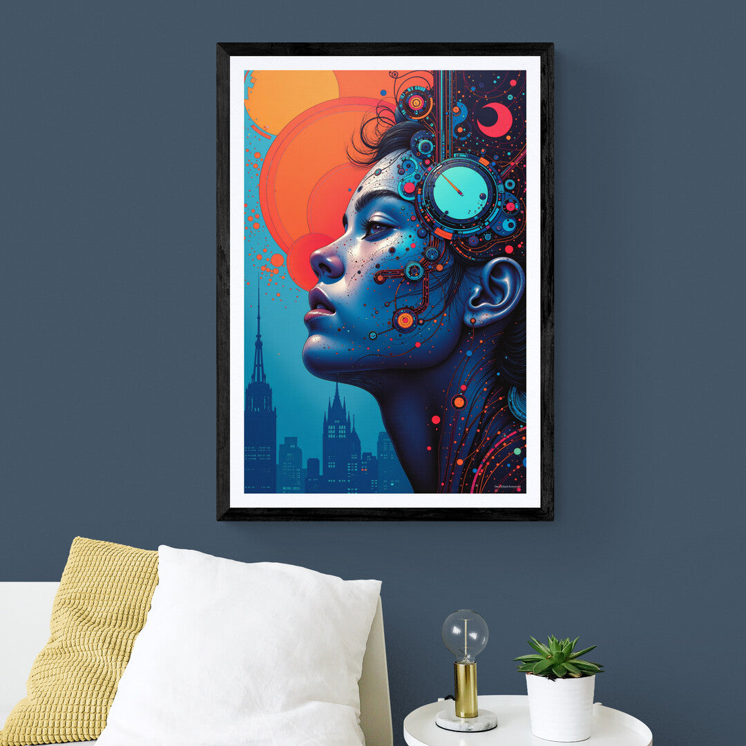 Premium poster of a cybernetic muse blending humanity and technology with bold blue and orange hues for unique home decor