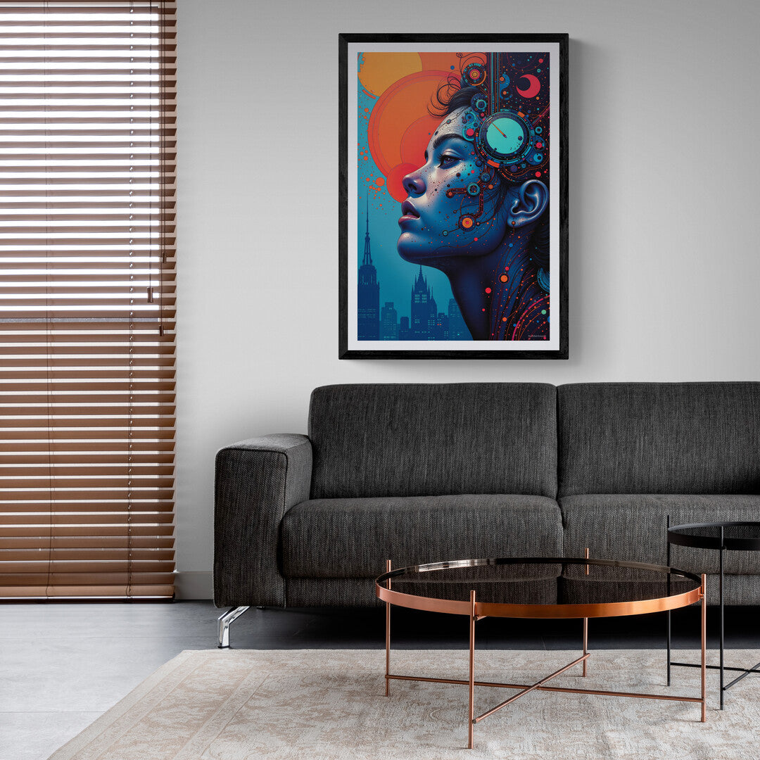 Shop online for Cybernetic Muse at Dusk, a stunning art print combining vivid colors and innovative design for premium home decor