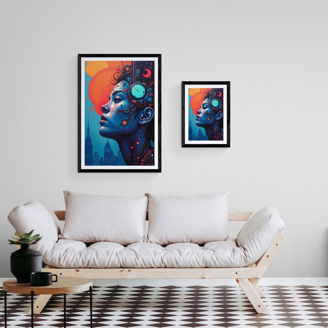 Futuristic wall art showcasing a digital-inspired portrait of a woman at dusk, ideal for elevating contemporary home interiors