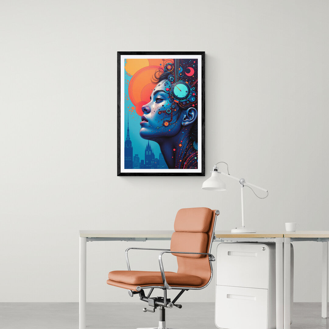 Modern art poster of a cybernetic muse with glowing circuits and cityscape, perfect for stylish and futuristic wall art collections