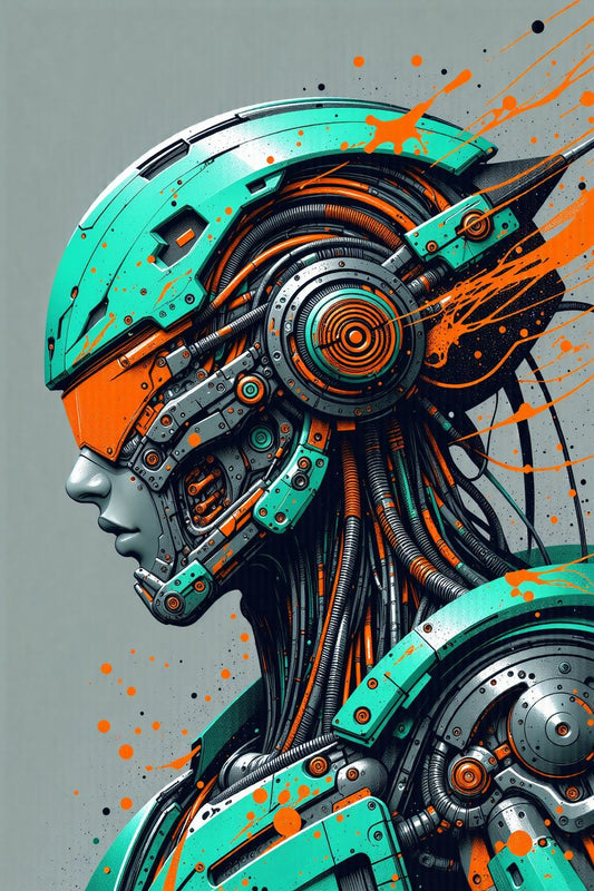 The image depicts a futuristic, highly detailed side profile of a humanoid cyborg with an intricate combination of mechanical and organic elements. The cyborg's head is adorned with a helmet-like structure, primarily in a bold turquoise color with orange accents. The design is sleek and streamlined, resembling a modernized battle helmet that covers the top and back of the head, leaving only the face's lower part exposed.