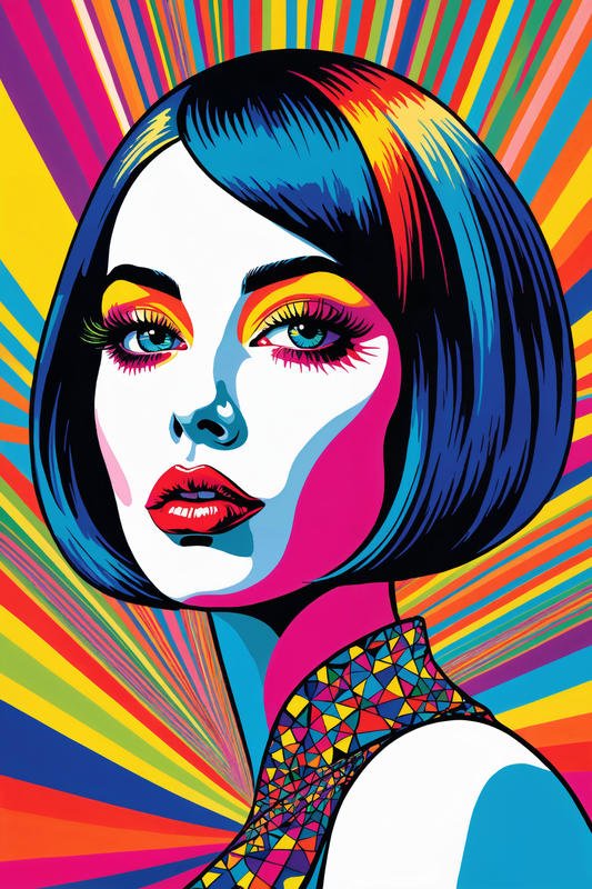 In a vibrant and eye-catching scene, the picture features a dainty vamp rendered in trippy pop art style. This artwork is a bold fusion of surrealism and retro aesthetics, creating a striking visual experience that captures the viewer's imagination.